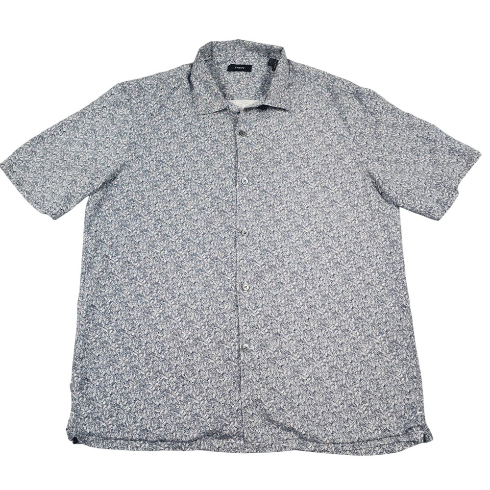 Theory Daze Shirt Mens L Blue White Palm Print Lyocell Short Sleeve Button Up